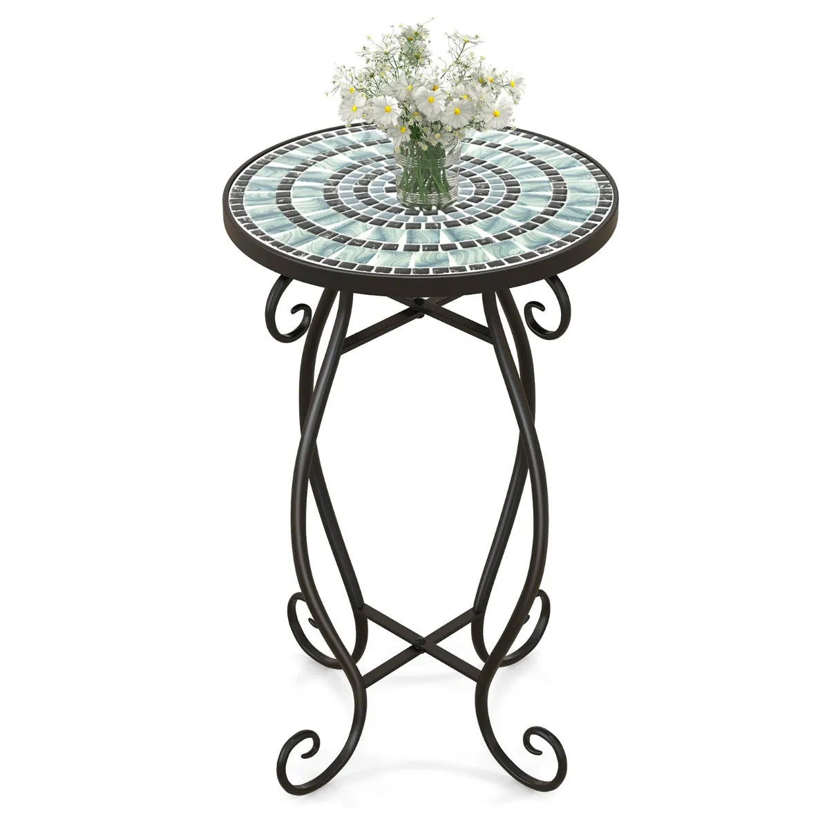 Table d'appoint ronde de jardin avec plateau mosaïque en carreaux de céramique table basse d'extérieur pour balcon piscine noir 20_0009369