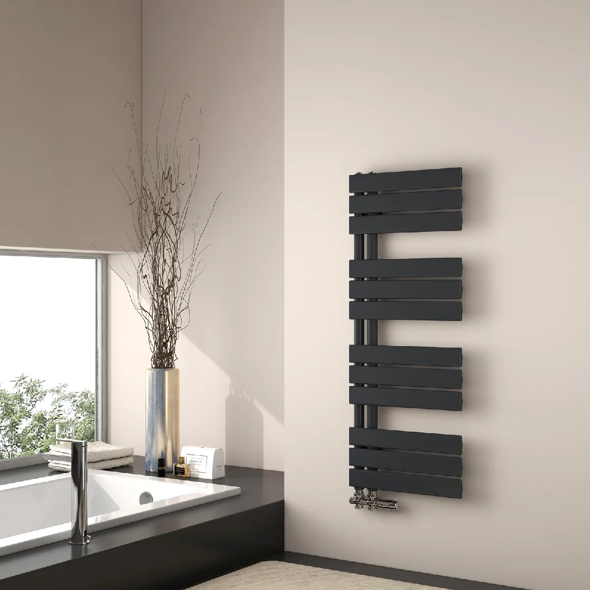 EMKE Radiateur Panneau, Sèche-serviette eau Chaude, Porte-Serviettes Pour Le Chauffage de la Salle de Bain, Chauffe Serviettes à Température Constante, 100x40cm, 456W, Noir