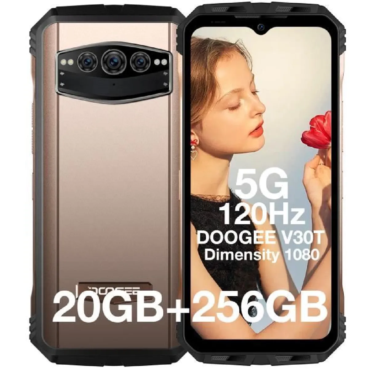 Téléphone Portable Incassable DOOGEE V30T 5G-BT5.2 20Go+256Go 10800mAh-66W 6.58" FHD+ 120Hz Smartphone Robuste 108MP Dual SIM -Or