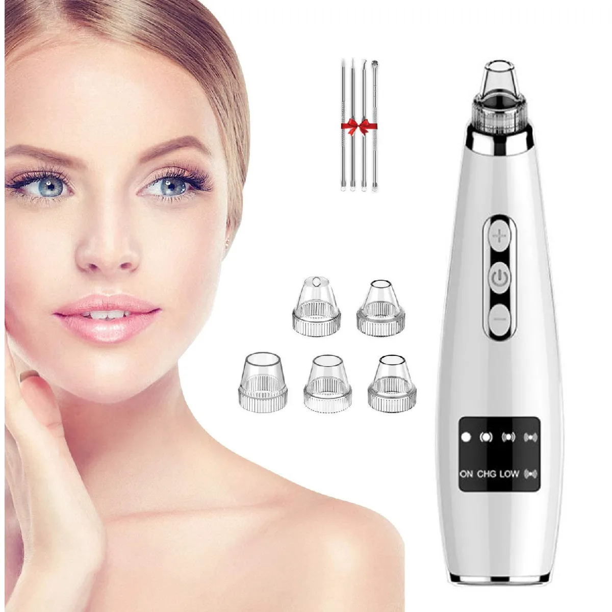 Aspirateur Points Noirs, Extracteur de Points Noirs pour Retirer Eliminer Points Noirs Comédons Acnés Nettoyage Nez Pores Peau Visage Dispositif de Beauté avec 5 Embouts et 5 Intensités