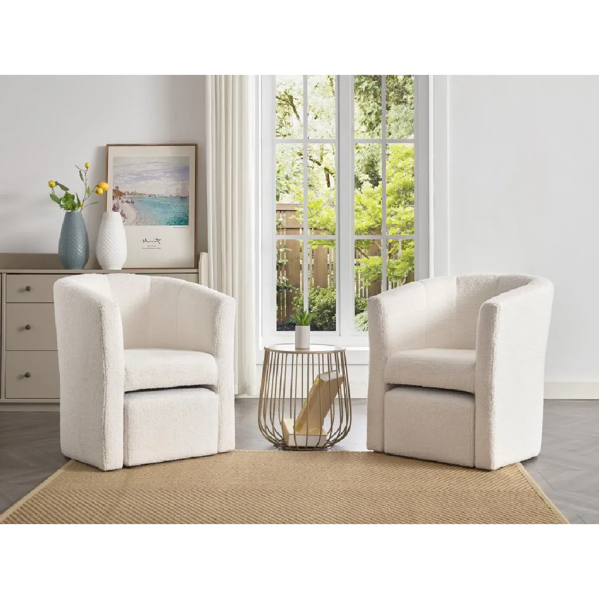 Fauteuil cabriolet et pouf en tissu bouclette blanc JOVANA