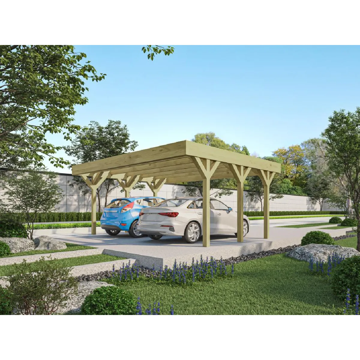 Carport pergola double autoporté en bois traité - 2 voitures - 30 m² - ARIANE