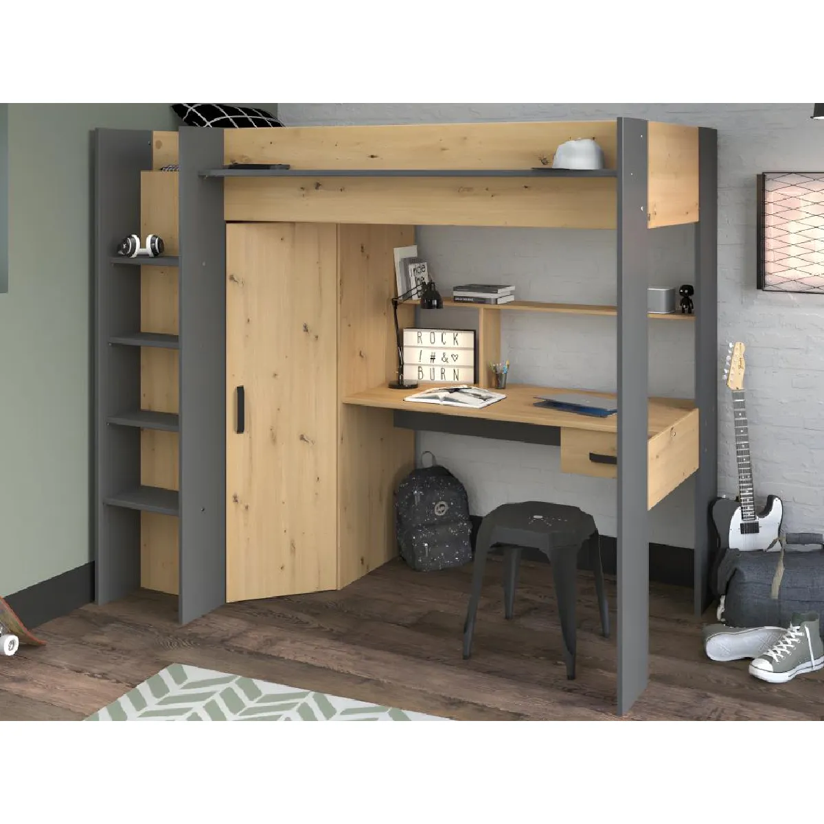 Lit mezzanine avec bureau et armoire - 90 x 200 cm - Coloris : Chêne et anthracite + matelas - AUCKLAND