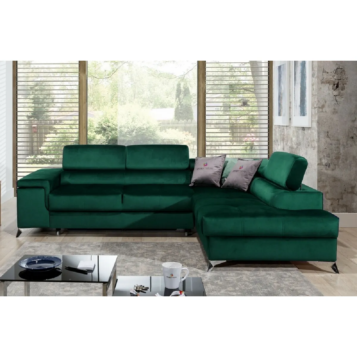 Canapé d'angle convertible - ERWAN - en tissu luxe 5 places, vert, angle droit (vu de face)