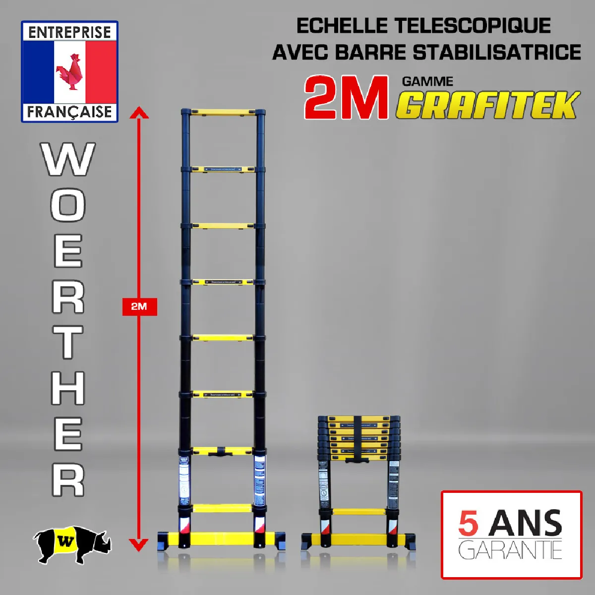 Echelle télescopique Woerther 2m Grafitek avec barre stabilisatrice - Qualité supérieur - Garantie 5 ans