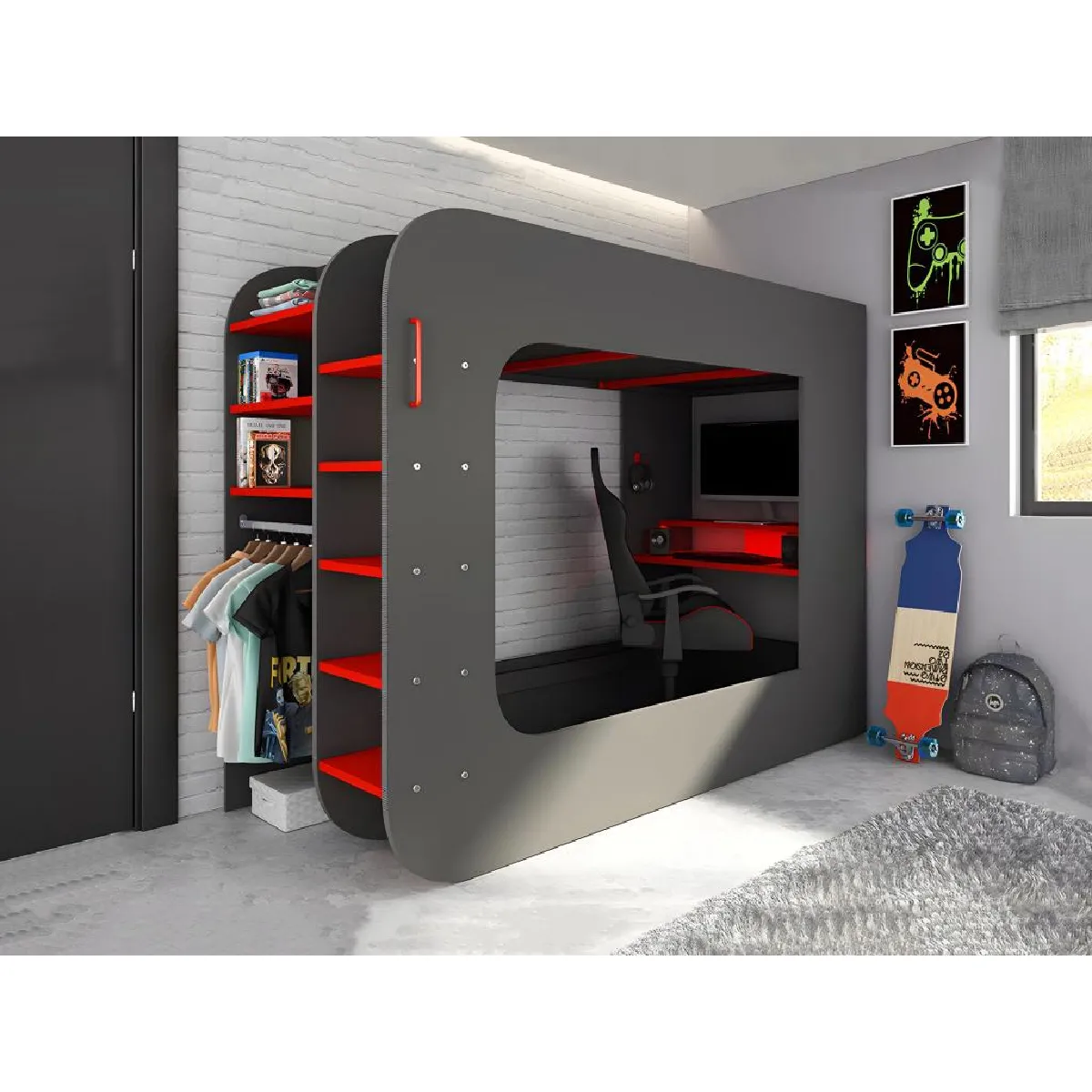 Lit mezzanine gamer 90 x 200 cm - Avec bureau et rangements - Avec LEDs - Anthracite et rouge - WARRIOR