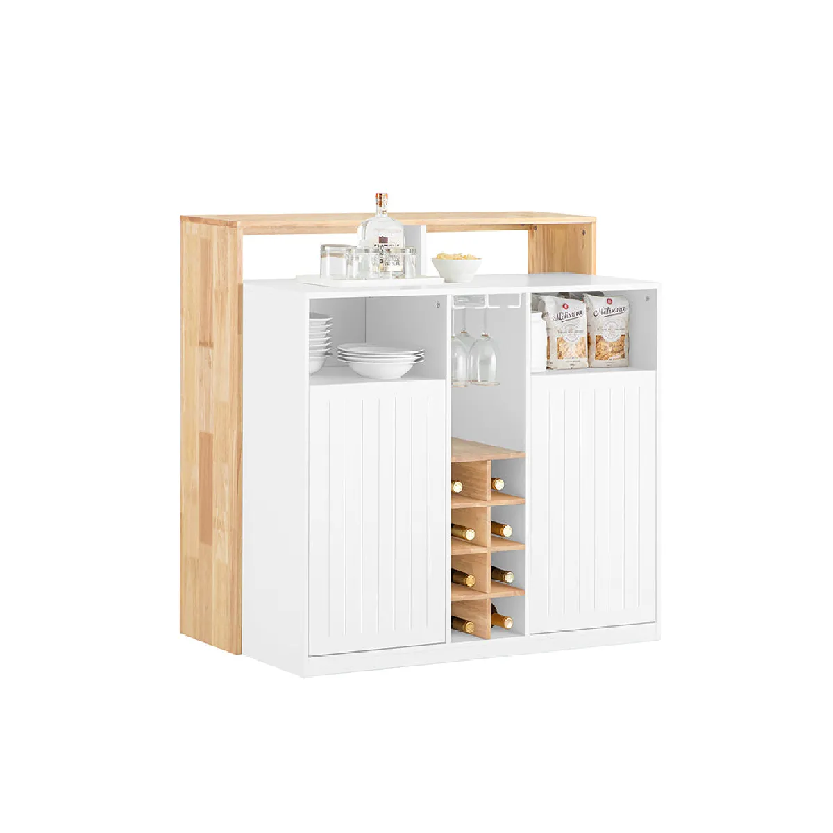 SoBuy KNL07-WN Ilot Central Mange-Debout Placard de Cuisine Buffet de Rangement Multi-rangements avec 2 Portes, Porte-Verres à vin, Porte-Bouteilles