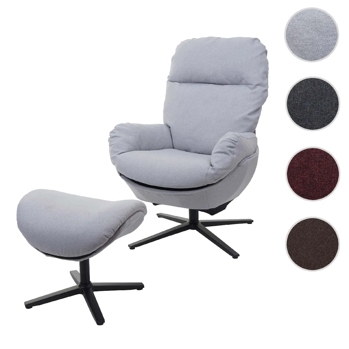 Fauteuil relax + pouf HWC-L12, Fauteuil TV Fauteuil à bascule Fonction bascule, pivotant, métal tissu/textile ~ gris clair