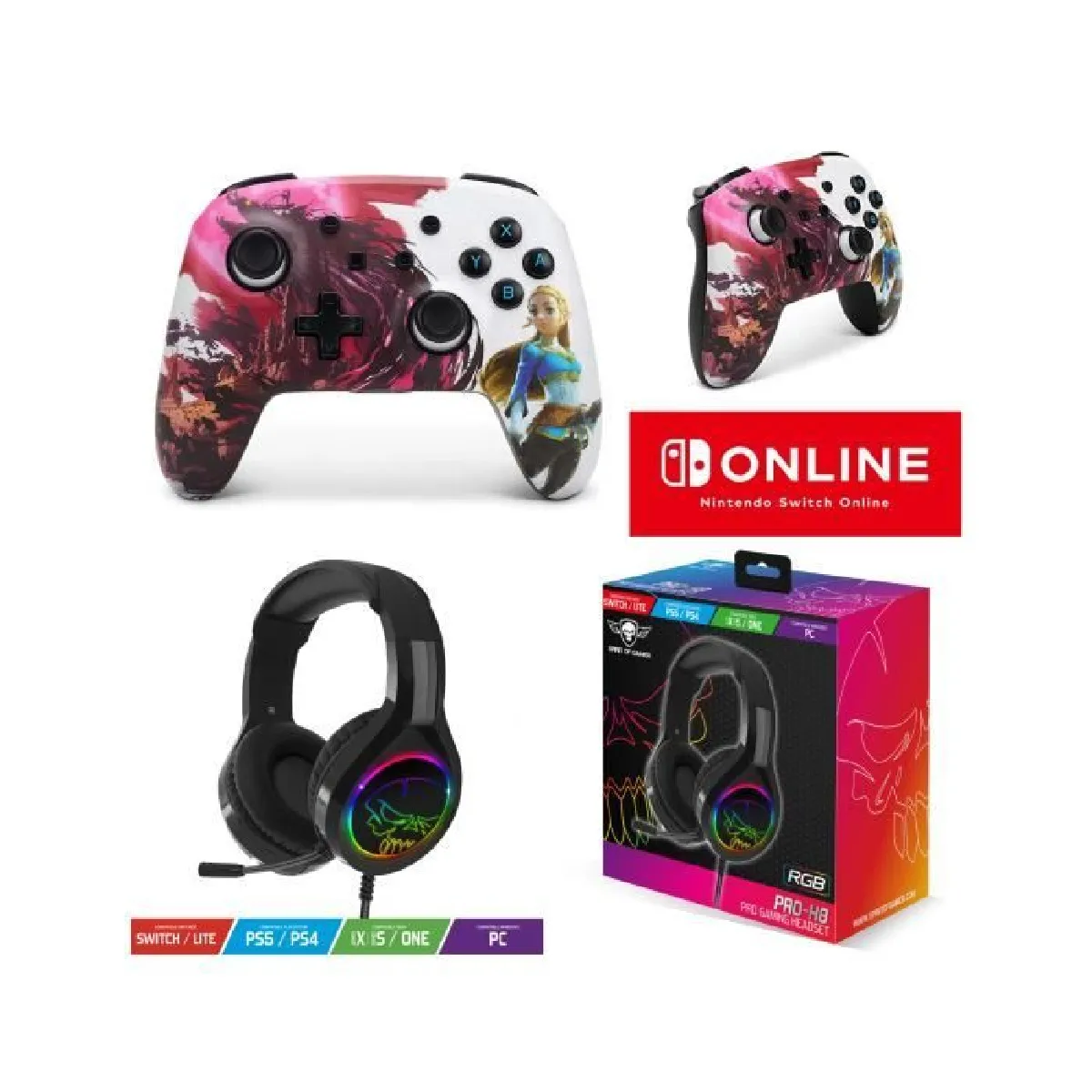 Pack Manette SWITCH Nintendo ZELDA BLOOD MOON Officielle + Casque Gamer PRO H8 Rouge SPIRIT OF GAMER SWITCH