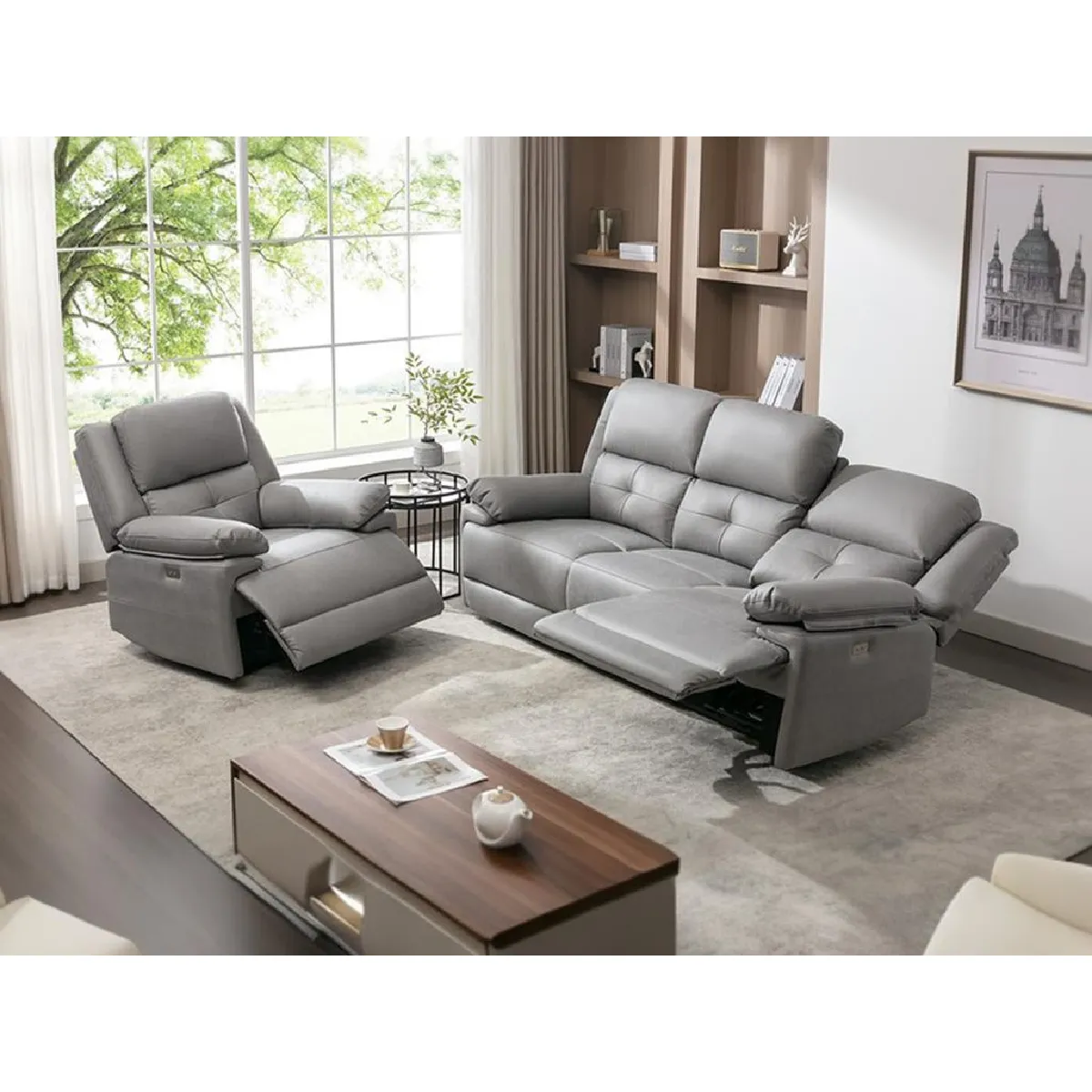 Canapé 3 places et fauteuil relax électrique en tissu gris DOLENE