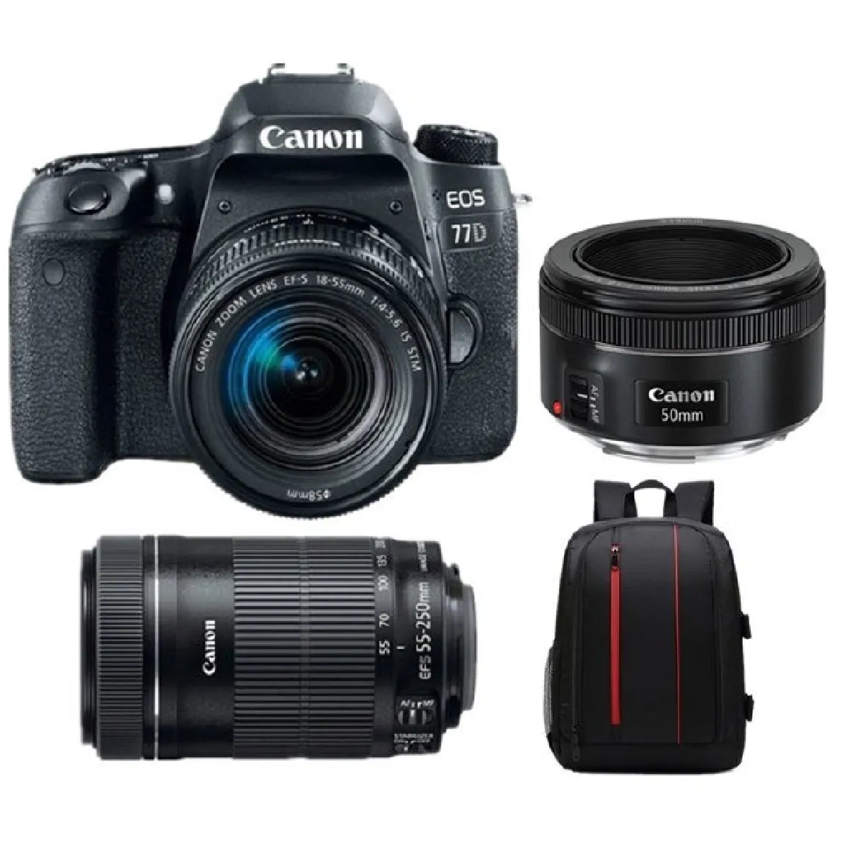 CANON EOS 77D KIT EF-S 18-55mm F4-5.6 IS STM + EF-S 55-250mm F4-5.6 IS STM + EF 50mm F1.8 STM (White Box) + Backpack Black