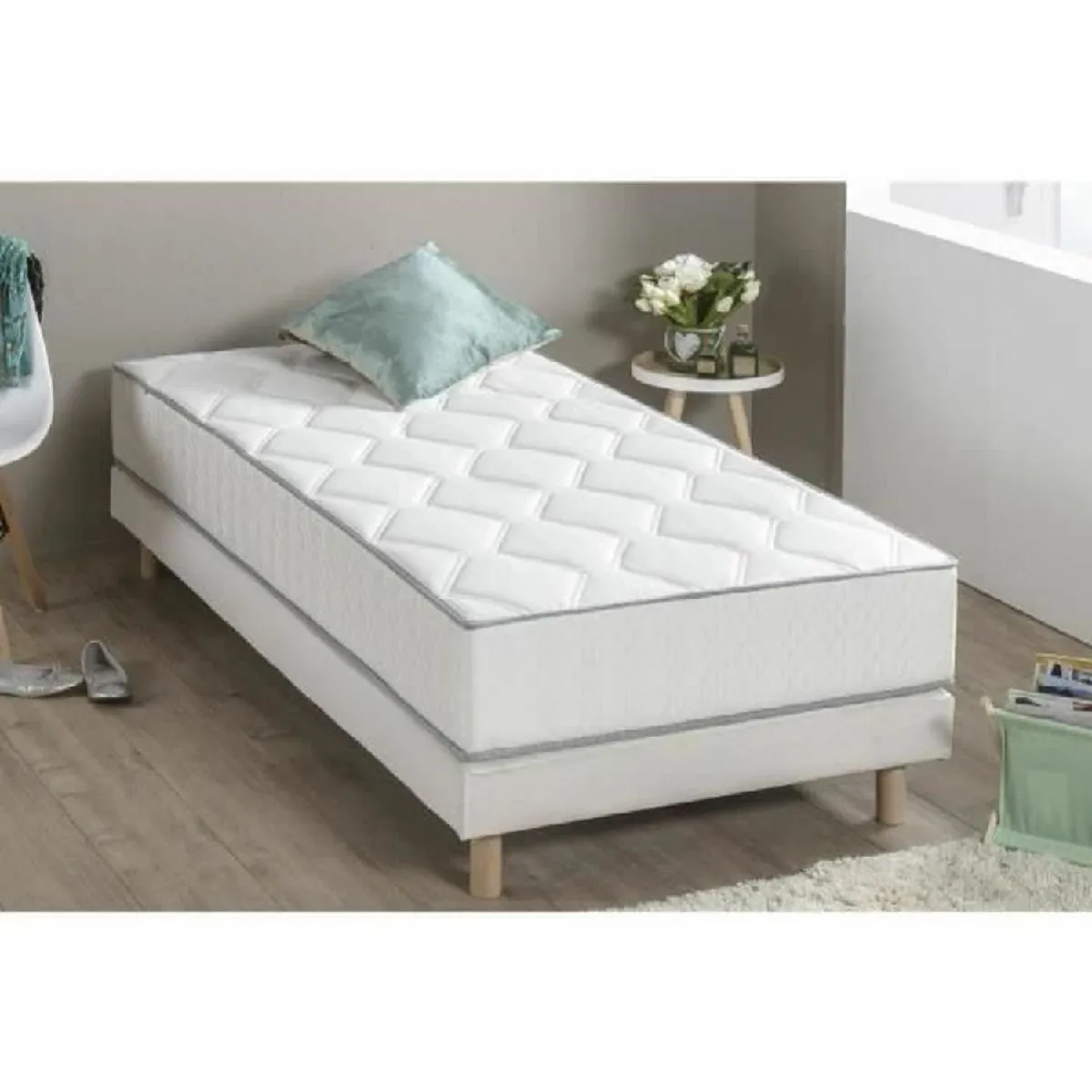 Ensemble matelas ressorts + sommier tapissier 90 x 190 - Epaisseur 23 cm - Confort équilibré - Galon gris