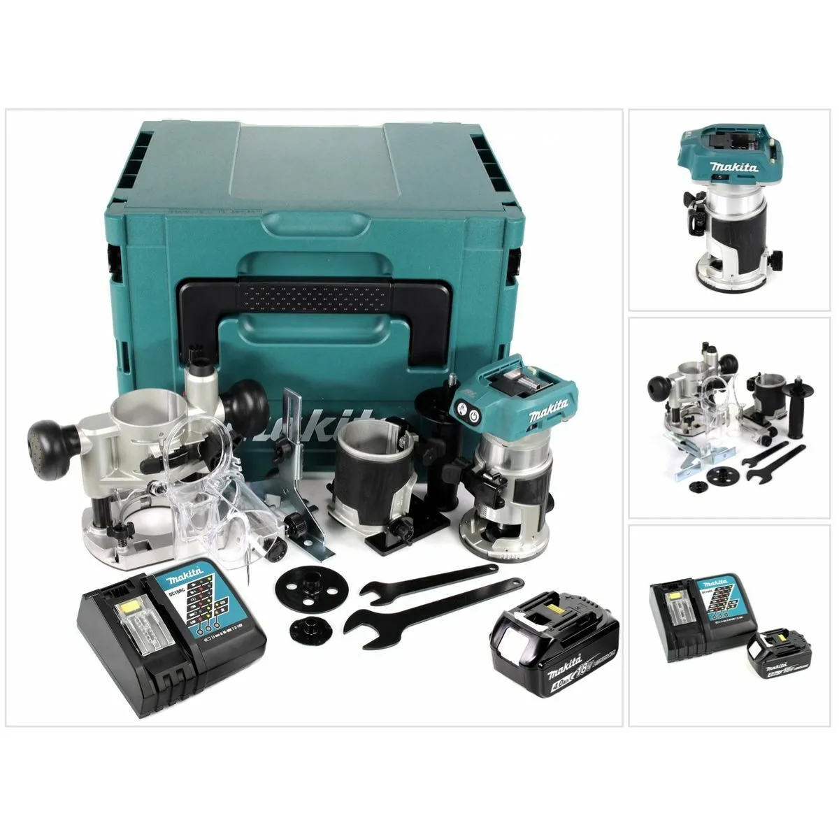 Makita DRT 50 RM1J X2 18 V Li-Ion Affleureuse plaque de plâtre sans fil Brushless avec boîtier Makpac + 1x Batterie BL 1840 4,0 Ah + Chargeur DC18RC + Module de fraisage