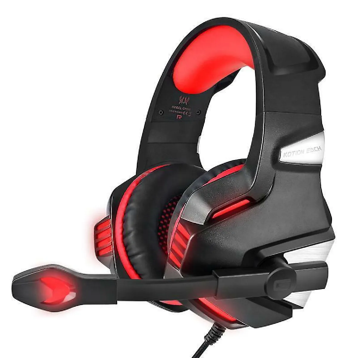 Casque de jeu pour Xbox One, PS4, PC, casque de jeu supra-auriculaire avec micro à réduction de bruit, lumière LED, surround de basses stéréo, cache-oreilles à mémoire douce pour téléphone intelligent, ordinateurs portables(rouge)