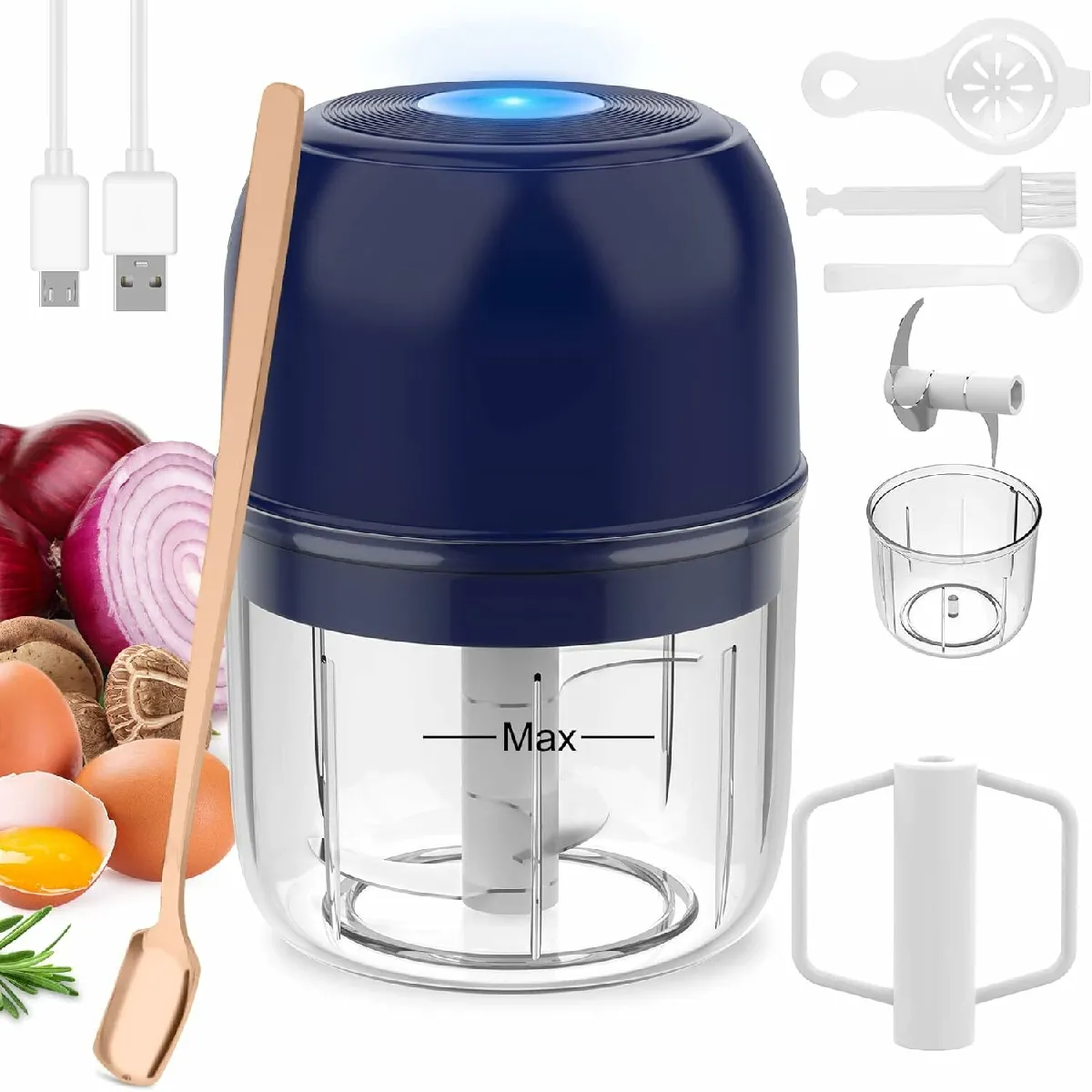 Mini hachoir électrique 2 en 1 de 1 250ML bleu