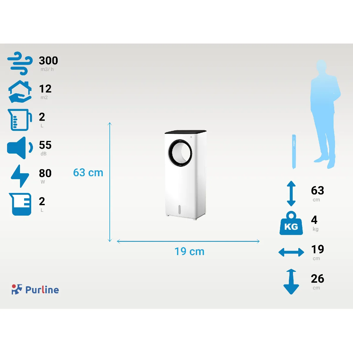 Rafraichisseur d'air par évaporation sans pales avec 3 vitesses et 2L