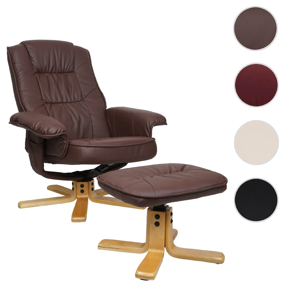 Fauteuil relax M56, Fauteuil TV avec pouf Ottomane, Similicuir Eucalyptus Bois MVG-certifié ~ rouge-brun