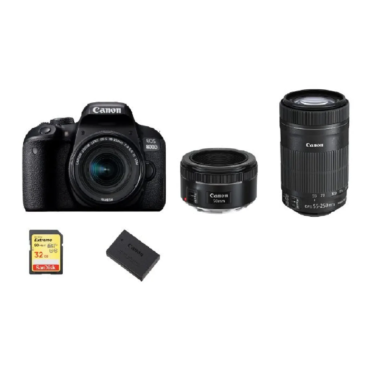 CANON EOS 800D KIT EF-S 18-55mm F4-5.6 IS STM+ EF-S 55-250mm F4-5.6 IS STM + EF 50mm F1.8 STM + 32GB SD card + LP-E17 Battery