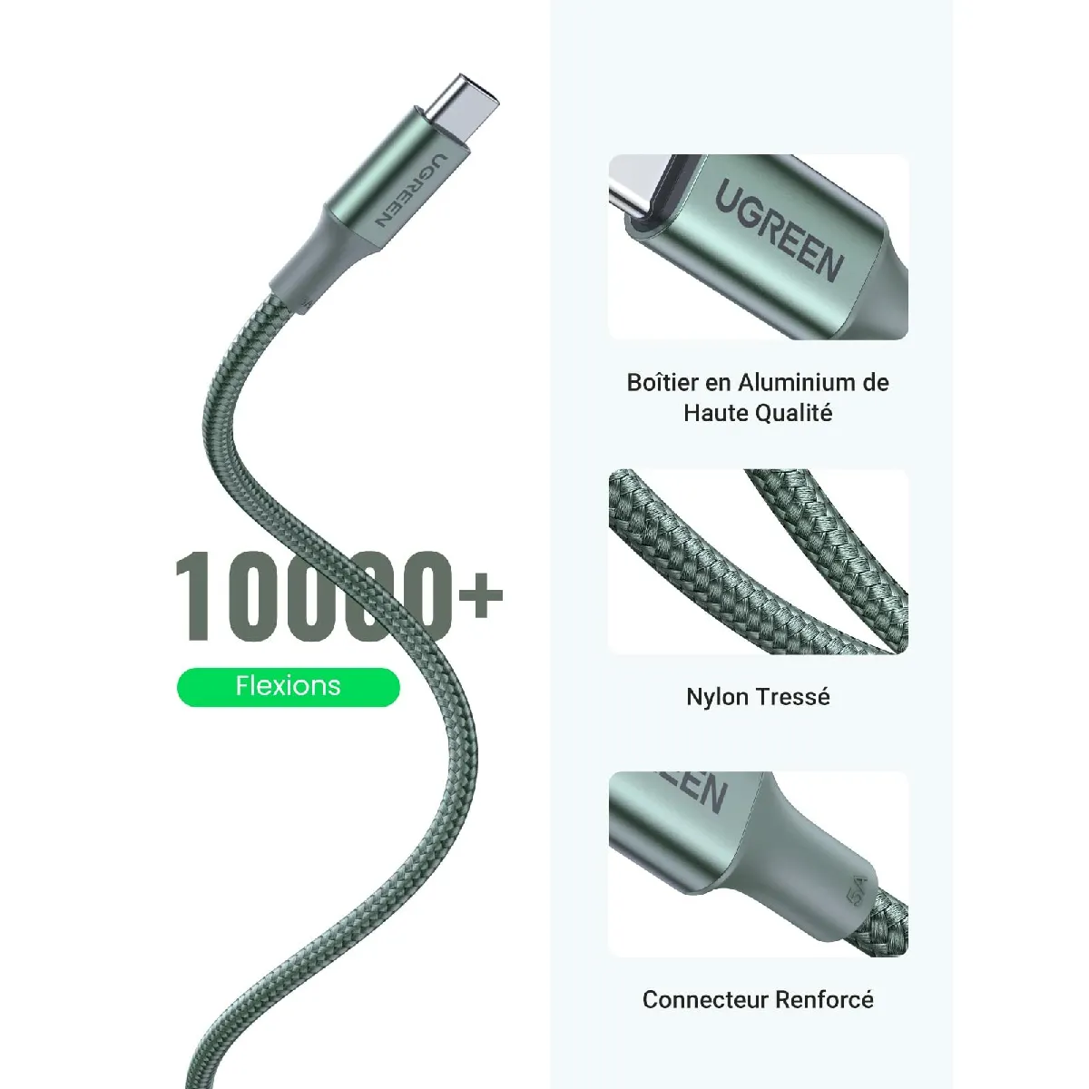 UGREEN Cable USB C vers USB C PD 100W 5A 20V Cable USB Type C Nylon Tresse Charge Rapide et Sync Compatible avec iPhone 15 Plus Pro Max MacBook Pro iPad Pro Galaxy S24 Plus Ultra S23 A54 Vert 1M