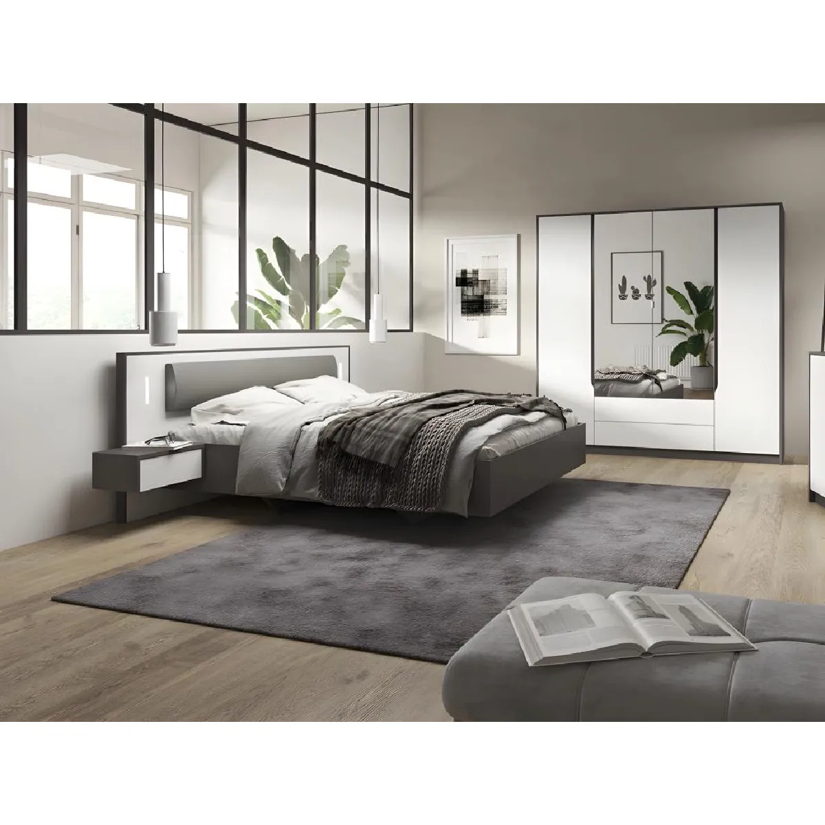 Lit avec chevets suspendus 160 x 200 cm - Avec LEDs - Gris et blanc + Sommier - SEGOLA