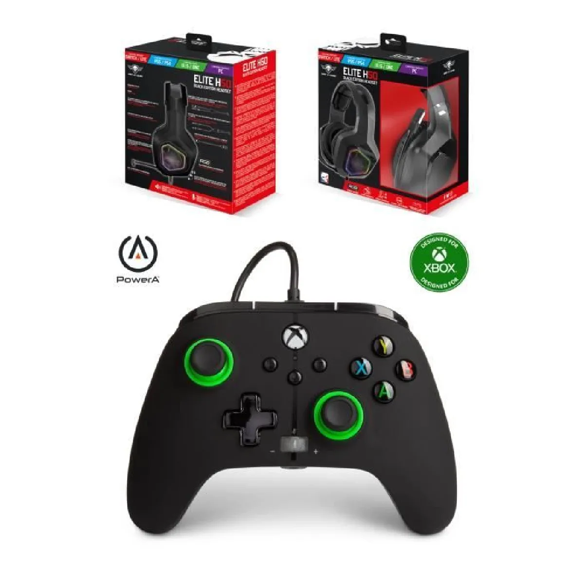 Casque GAMING PRO GAMER EH50BK LEDS RGB PC Switch PS5 PS4 Xbox Series X/S + Manette XBOX ONE-S-X-PC NOIRE ET VERT Officielle