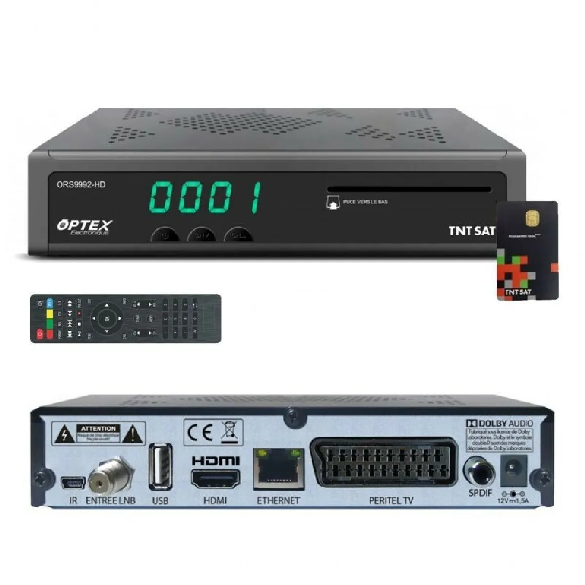 Récepteur Décodeur TNT Gratuite par Satellite - OPTEX ORS9992 HD - Avec Carte d’Accès TNTSAT, Port USB Pour Mises A Jour et Enregistrements