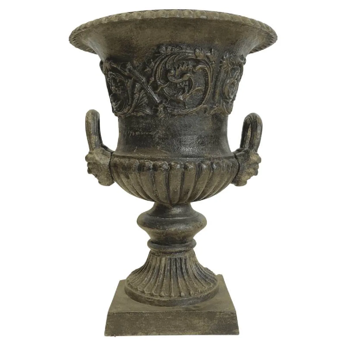 Grande Vasque Vase Jardiniere avec Anses Pot de Fleur en Fonte Patinée Verte 44x44x61cm