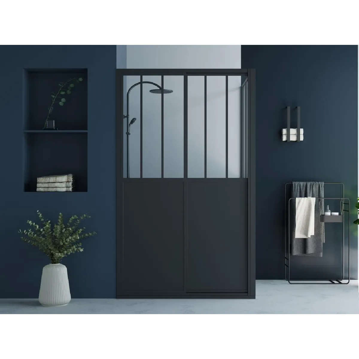 Paroi de douche avec porte coulissante noir mat style industriel - 120 x 80 x 195 cm - URBANIK