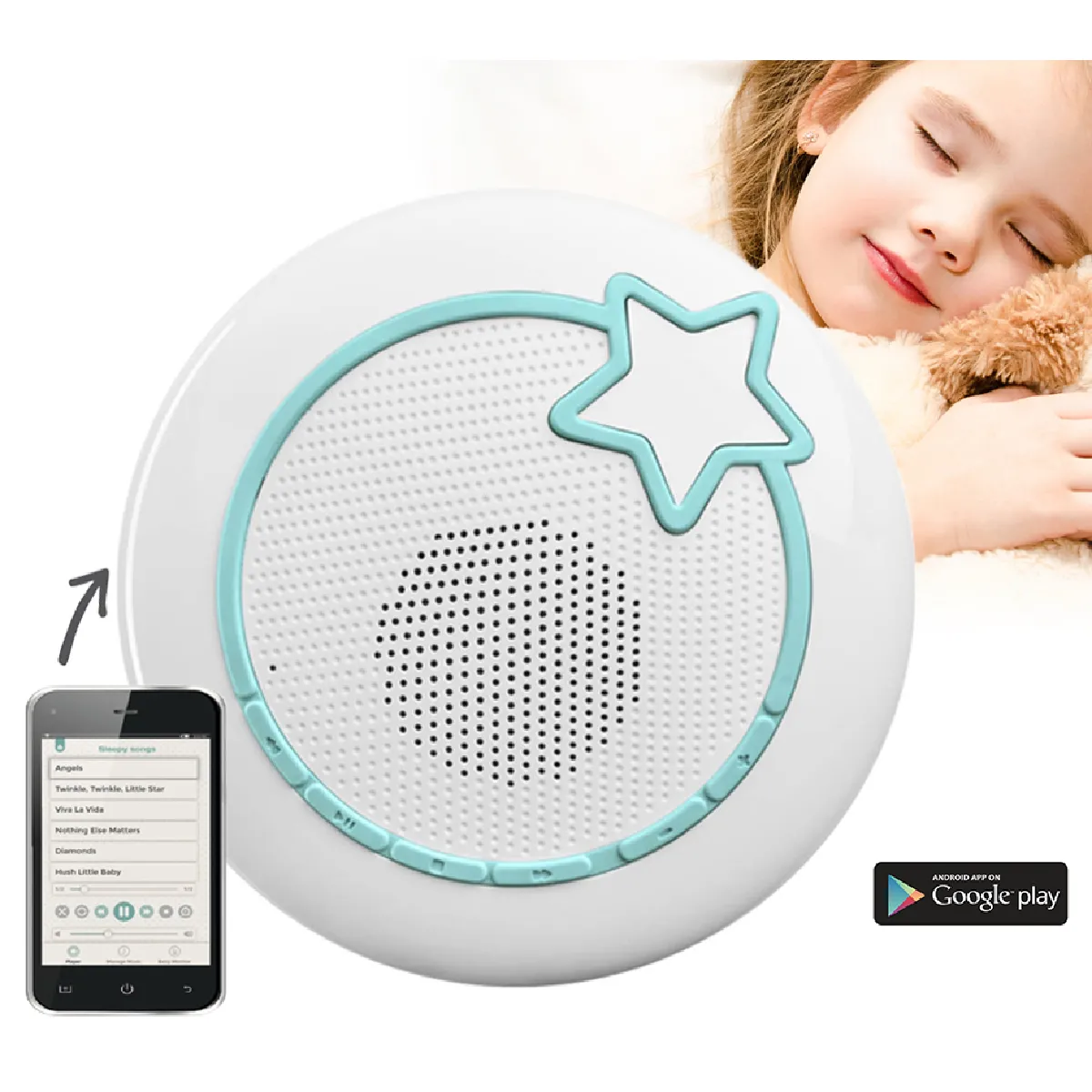 Babyphone Wifi avec smartphone Ecoute bebe Audio Lecteur Mp3 et Boite a musique