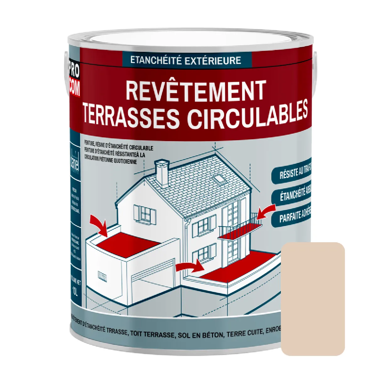 Peinture, résine d'étanchéité imperméabilisation terrasse circulable, balcon, sols extérieurs, béton, plusieurs coloris PROCOM-2.5 litres-Sable