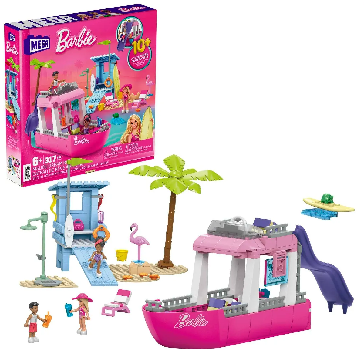 Mega Barbie Bateau De Rêve Malibu À Construire Avec 317 Blocs, Dont 3 Mini-Poupées À Assembler, 2 Animaux, Et Accessoires De Mode Et De Plage, Jouet Enfant, Dès 6 Ans, HPN79