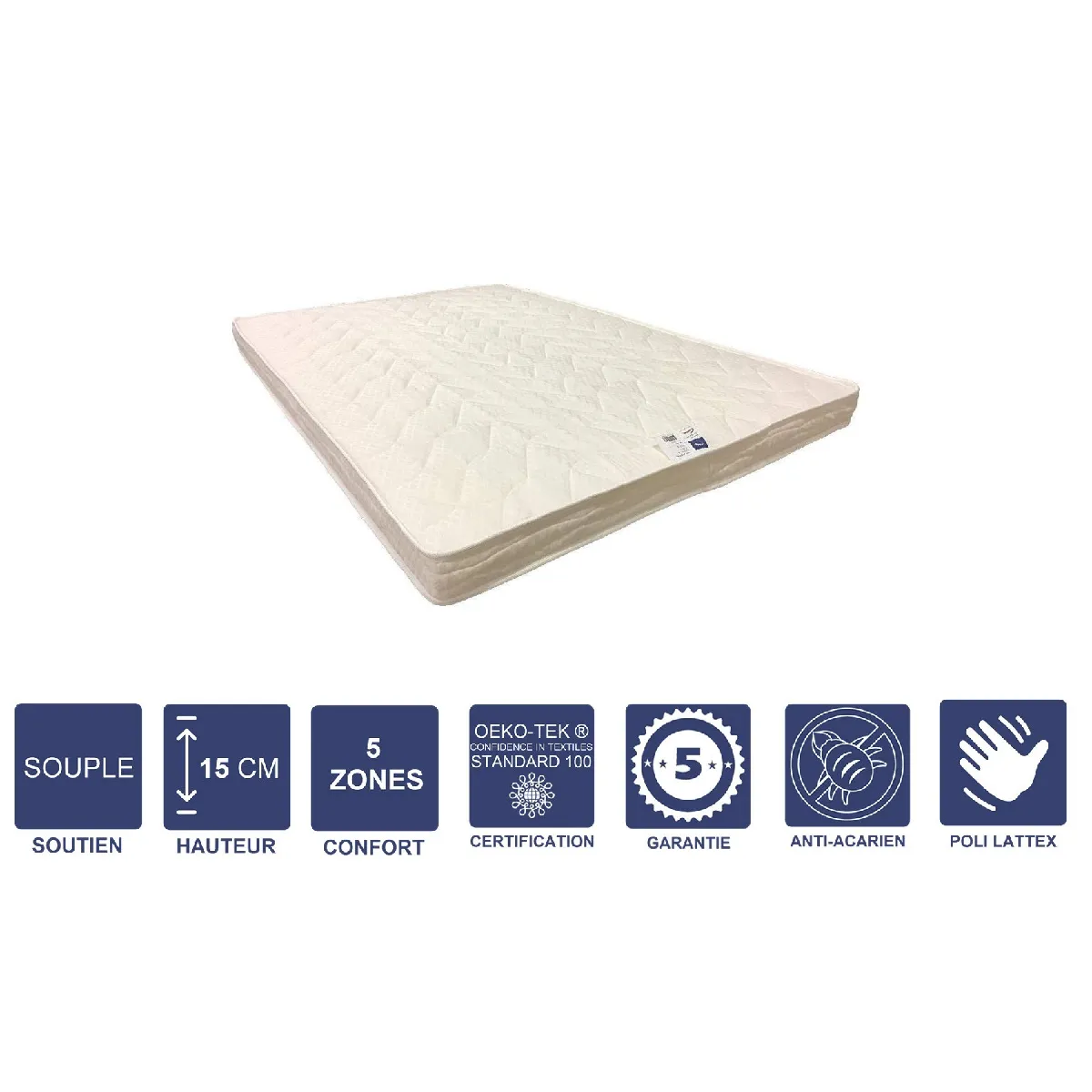 Matelas Souple avec Latex Naturel Pour Canapé Lit 130x190 x 15 cm - 5 zones de Confort - Noyau Poli Lattex HR Dernière Génération - Très Respirant