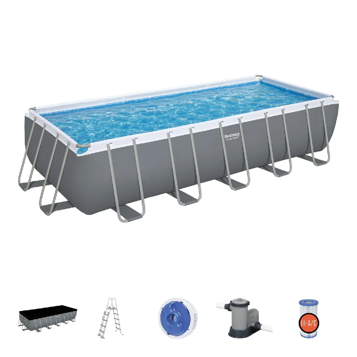 Piscine Démontable Tubulaire Bestway Power Steel 640x274x132 cm Pompe de Filtration Épurateur à Cartouche de 5.678 L/H avec Bâche et Échelle