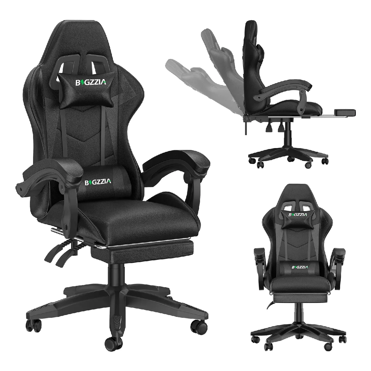 Chaise de Gaming avec Repose-Pied, Chaise Gaming Racing, Dossier Inclinable à 155, Avec support lombaire, Fauteuil gamer Ergonomique, Siege Gaming avec Appui-tête, Noir