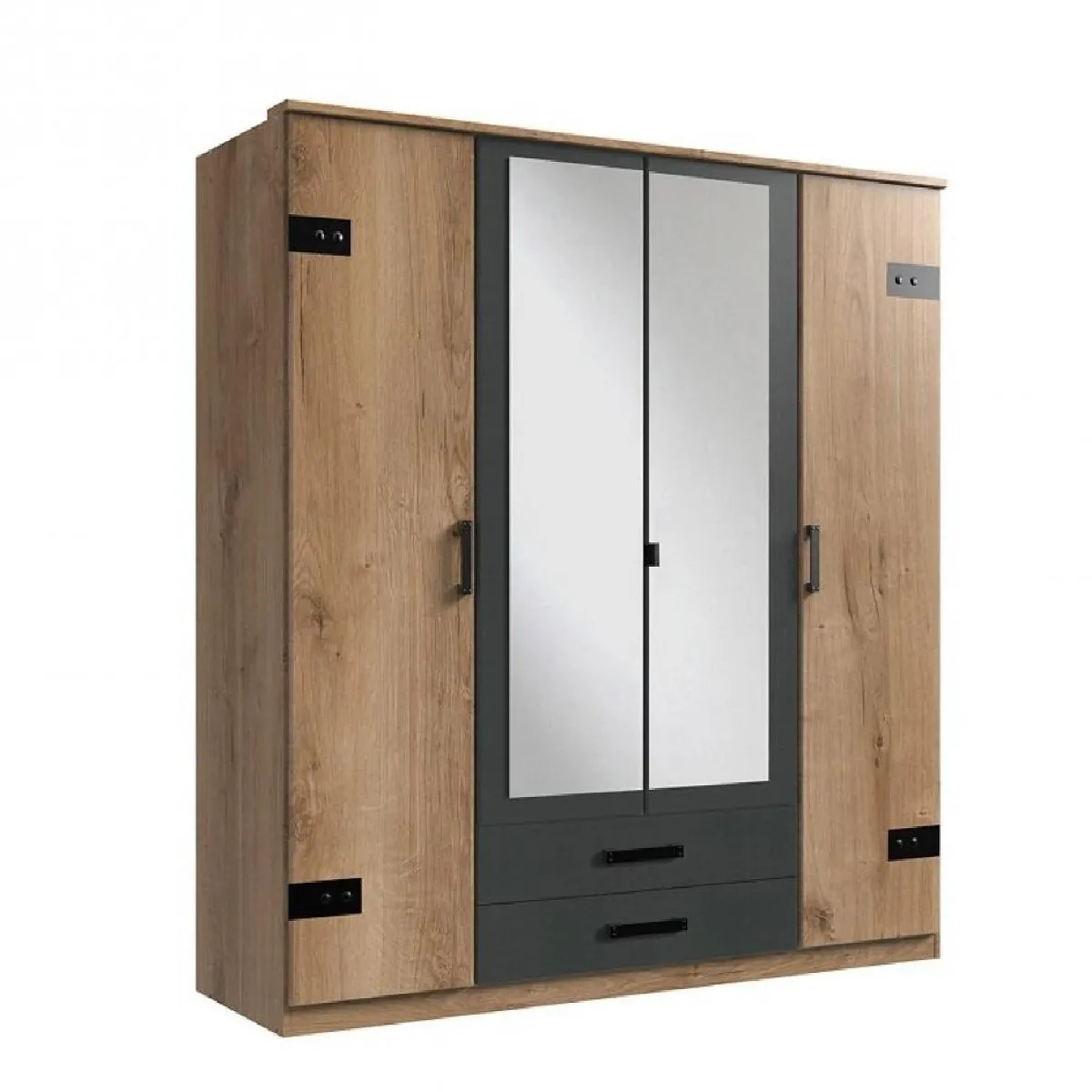 Armoire GALWAY style industriel 180 cm 4 portes 2 tiroirs chêne poutre