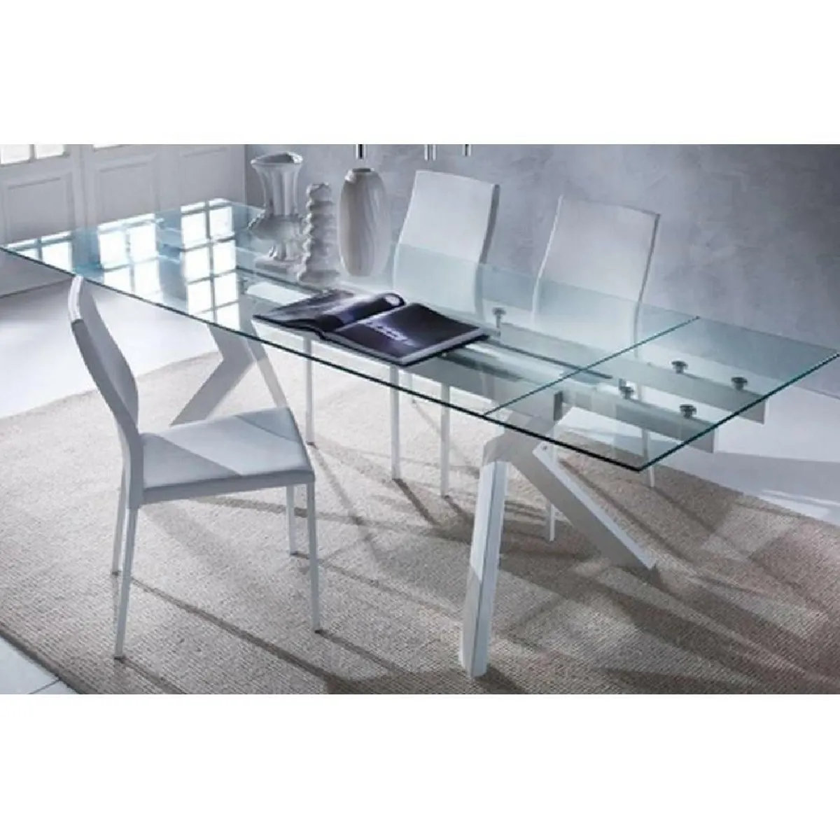 Table repas extensible en verre TOKYO piétement en acier laqué blanc 160 x 90 cm