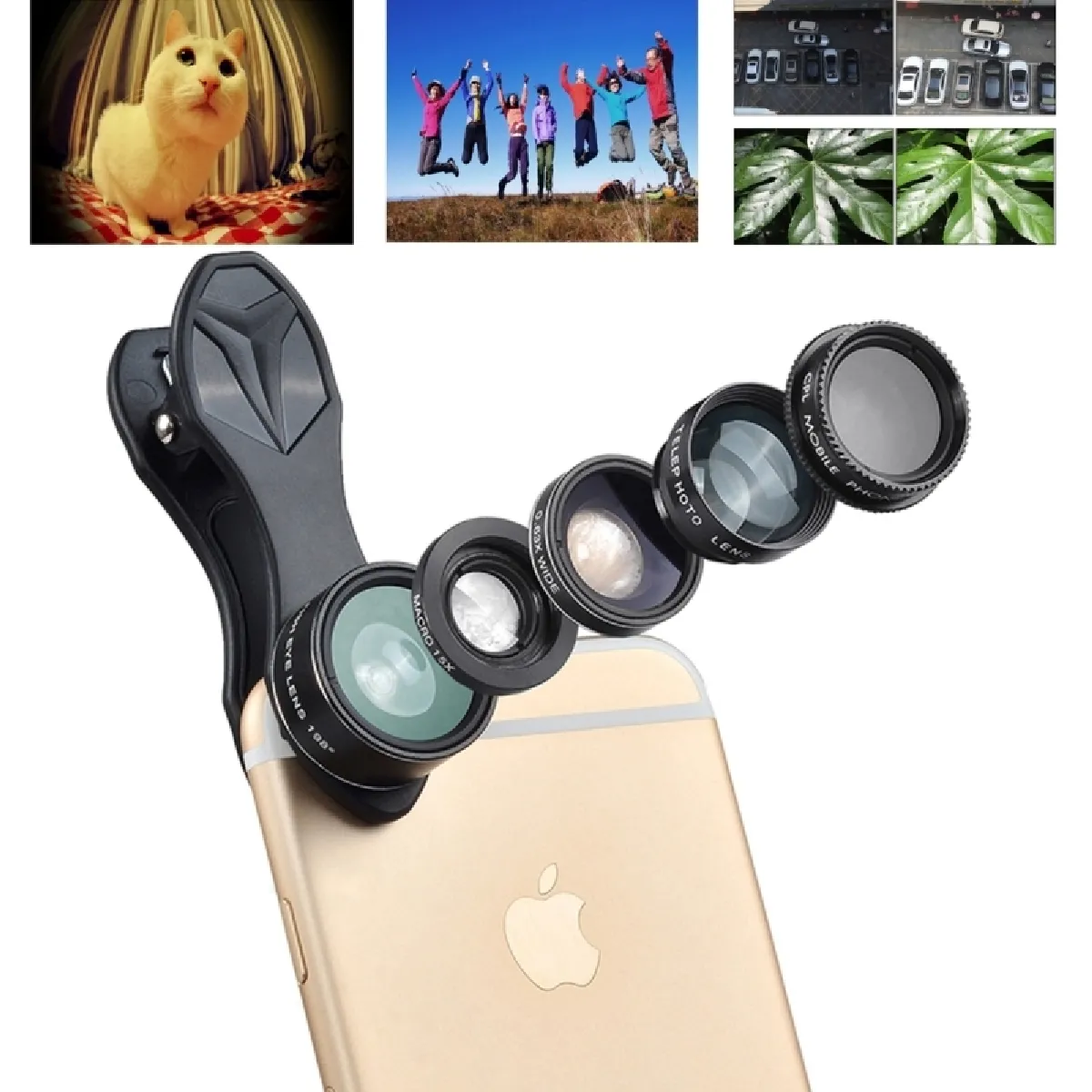 Pour iPhone, Samsung, Huawei, Xiaomi, HTC et autres Smartphones, Appareil Photo Numérique Ultra-fin APL-DG5 5 en 1 Macro Objectif 15X Universelle + Grand Angle 0.63X + Fisheye 198 Degres + Téléobjectif 2x + Lentille CPL,