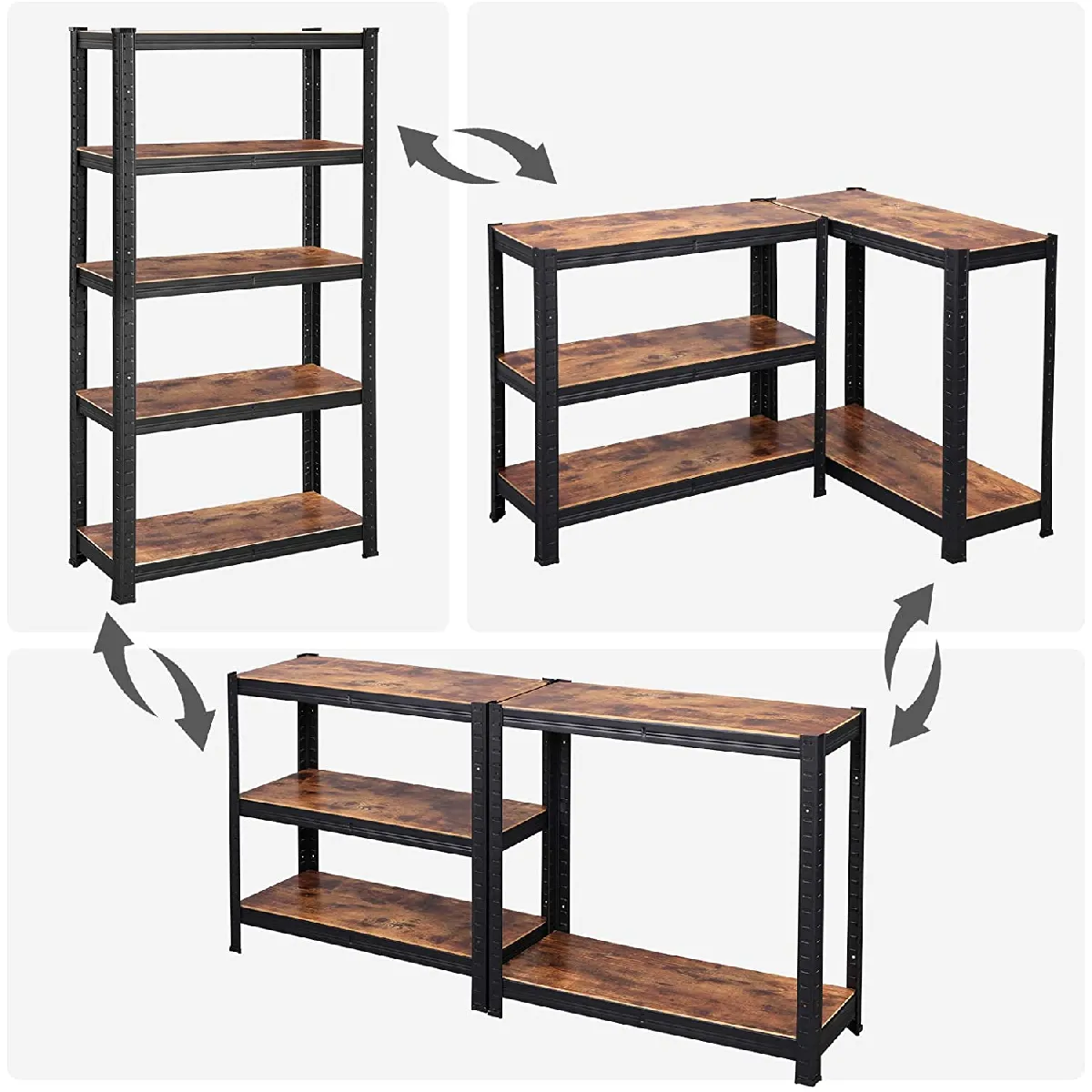 Lot de 2 étagères à 5 niveaux 150 cm charge totale 650 kg (130 kg/niveau) étagère de style industriel planches réglables pour salon cuisine noir et marron rustique 12_0003227