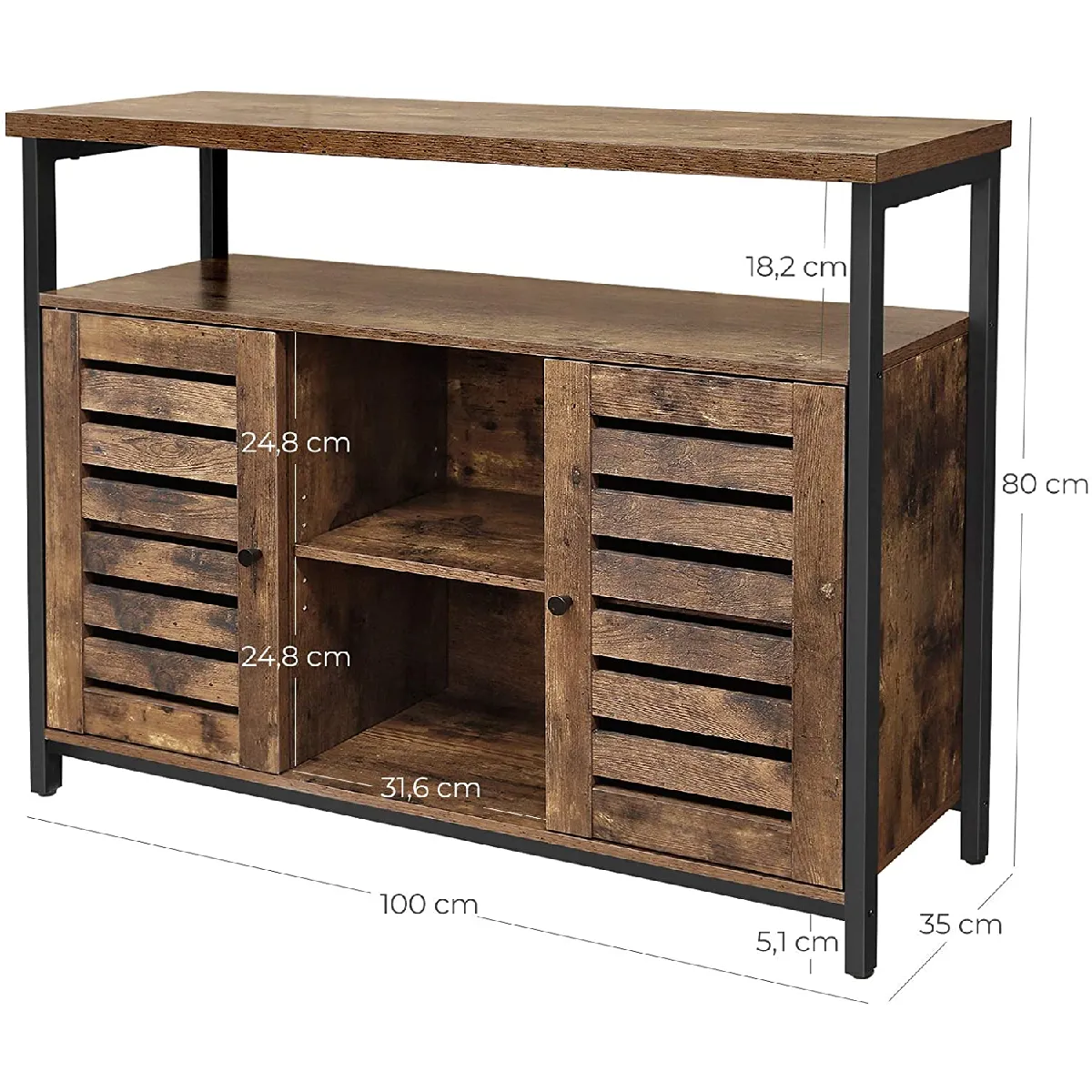 Meuble de rangement buffet meuble de cuisine avec placard et étagères portes à persiennes pour salle à manger salon couloir chambre 100 x 30 x 80 cm style industriel marron rustique 12_0000667