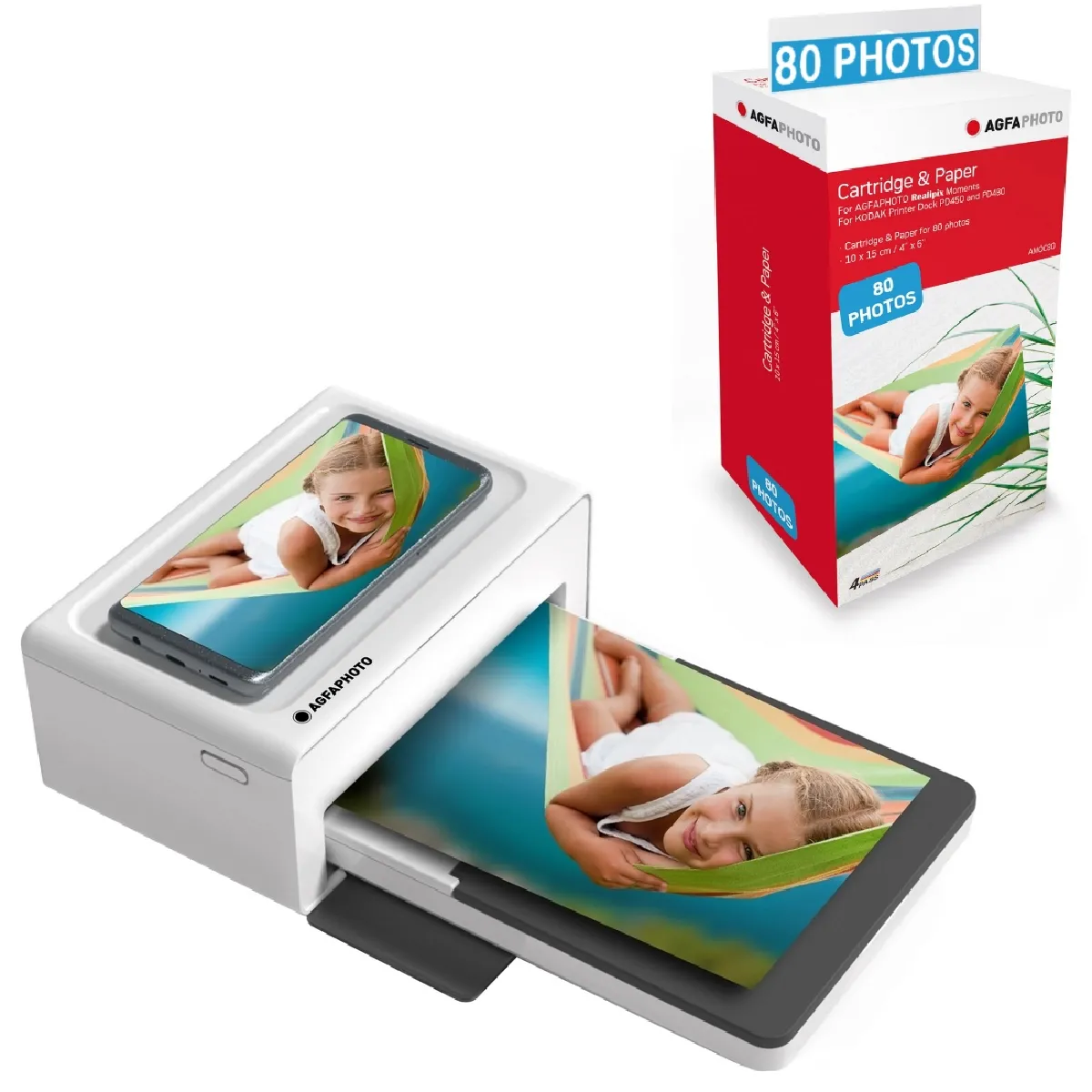 AGFA PHOTO Pack Imprimante Realipix Moments + Cartouches et papiers 80 photos supplémentaires - Impression Bluetooth Photo 10x15 cm Smartphone Apple et Android, 4Pass Sublimation Thermique - Blanc - Blanc