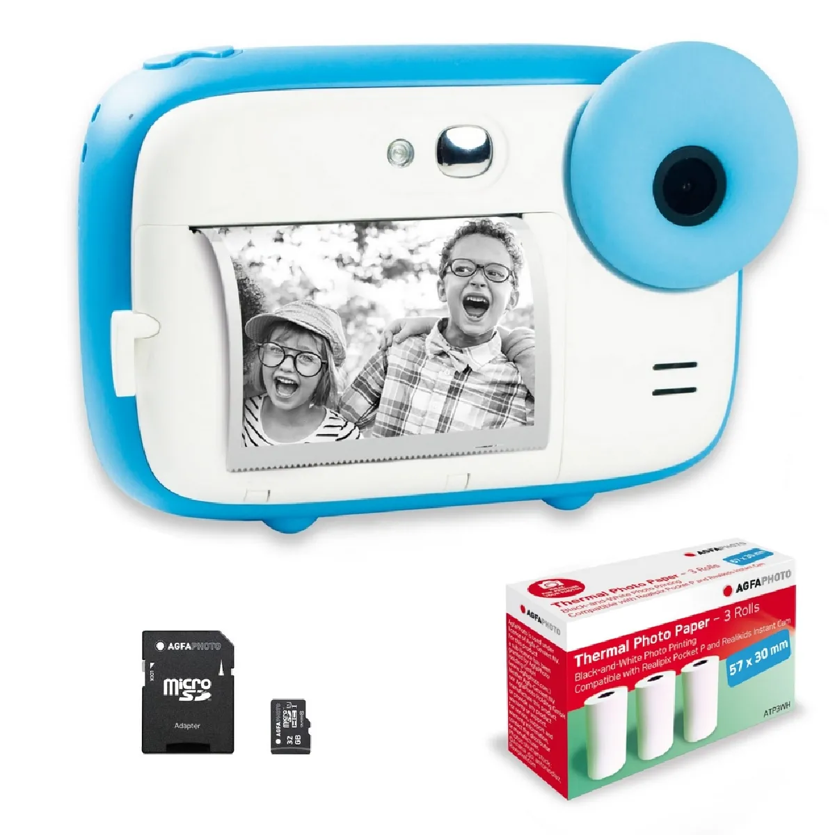 AGFA PHOTO Pack Realikids Instant Cam + 1 carte Micro SD 32GB + 3 rouleaux Papier Thermique ATP3WH - Appareil Photo Instantané Enfant, Ecran LCD 2,4', Miroir Selfie et filtre photo - Bleu - Bleu