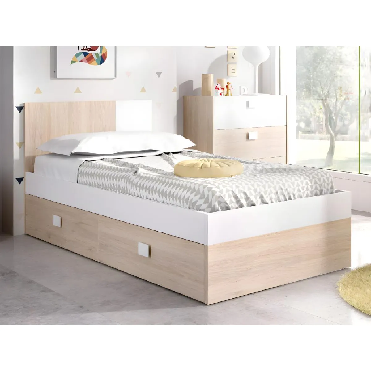 Chambre complète enfant lit gigogne 90 x 190 cm - 3 produits - Coloris : Chêne et blanc - SONIA