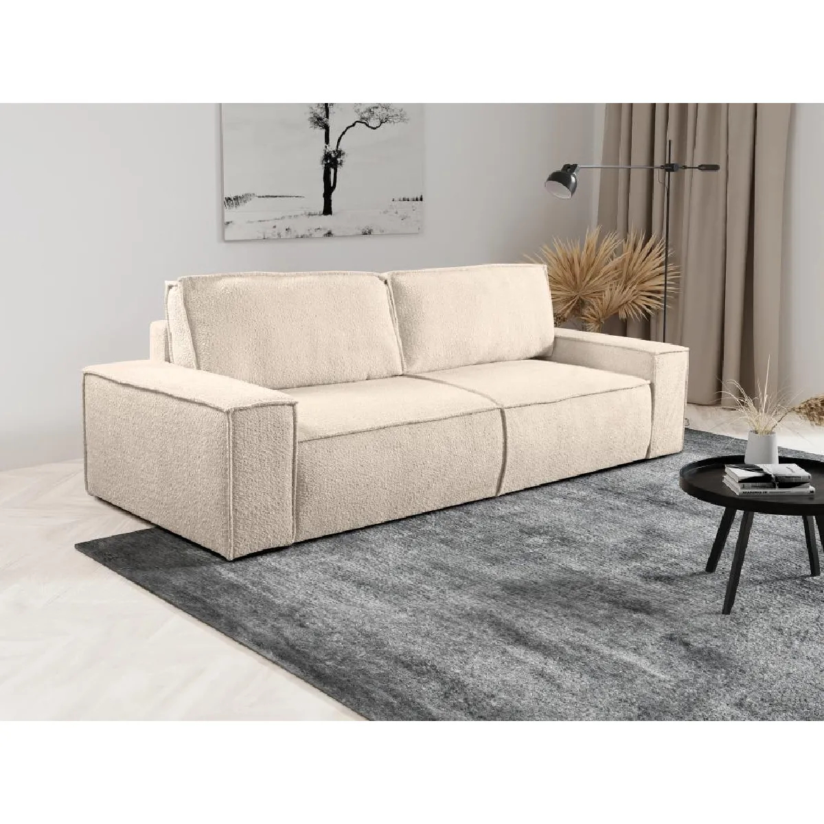 Canapé 4 places convertible en tissu bouclette beige AMELIA