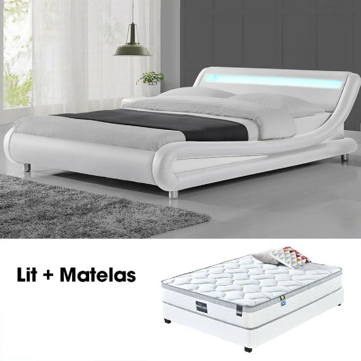 Lit Led Design Julio Blanc 140cm Avec Matelas Romance