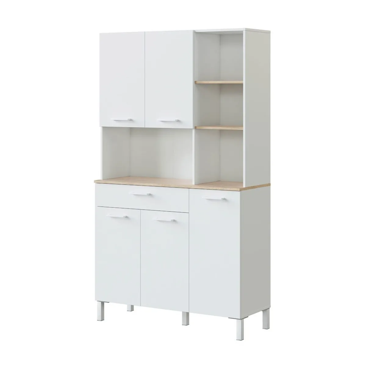 Buffet meuble cuisine 5 portes + 1 tiroir coloris blanc artic/chêne canadien - Hauteur 186 cm x Longueur 108 cm x Profondeur 40 cm