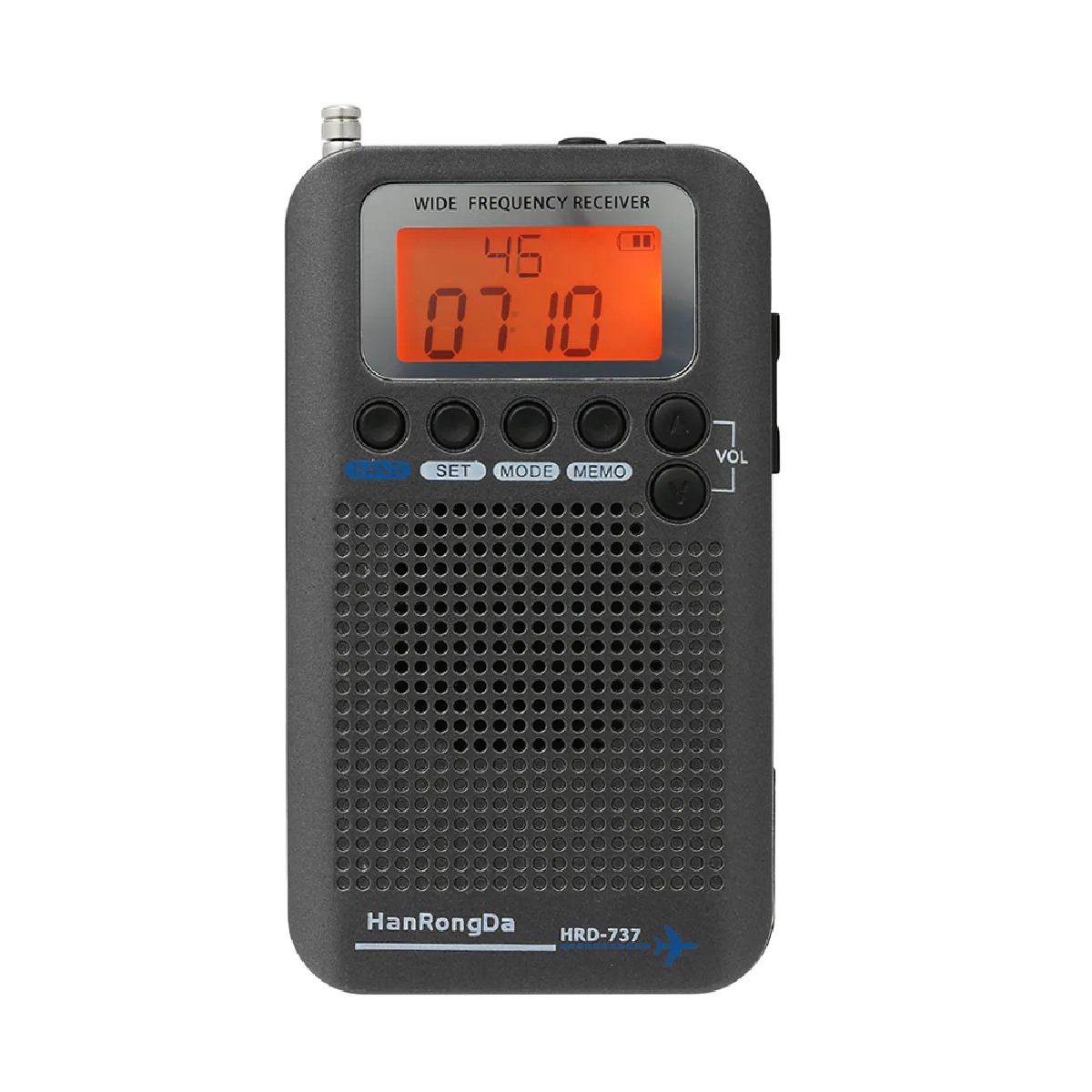 Avion radio portable à bande complète avec récepteur FM/AM/SW/CB/AIR/VHF World Band et réveil LCD(Le noir)