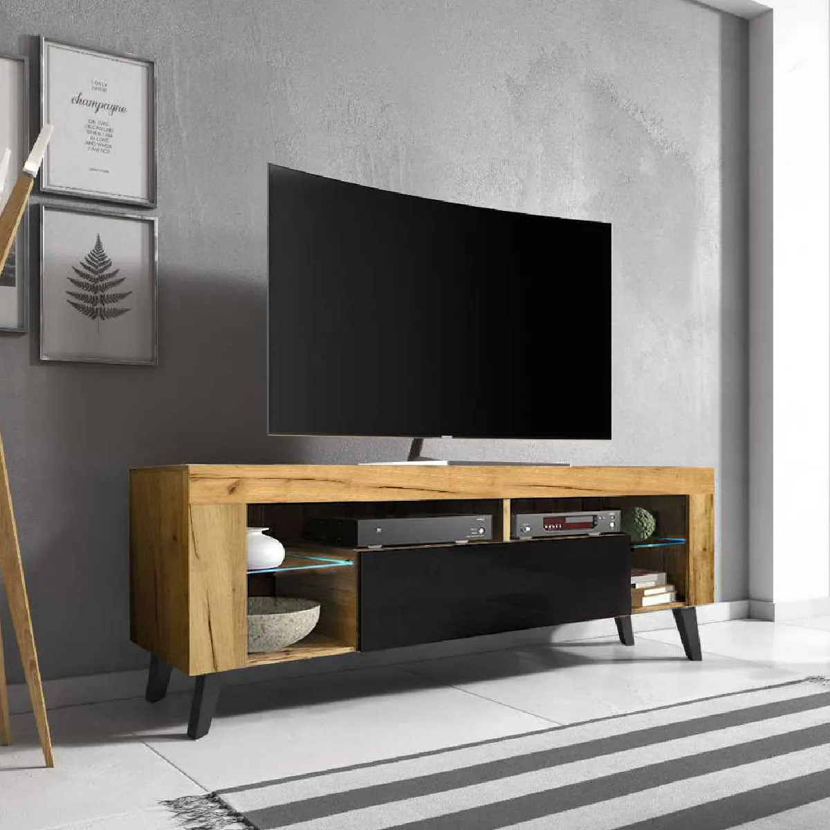 Meuble TV - HugoB - 140 cm - chêne lancaster / noir brillant - avec LED