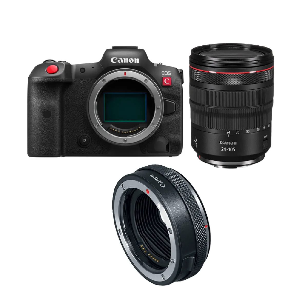 Boîtier Canon EOS R5C + RF 24-105 mm f4L IS USM + adaptateur de montage avec bague de contrôle EF-EOS R