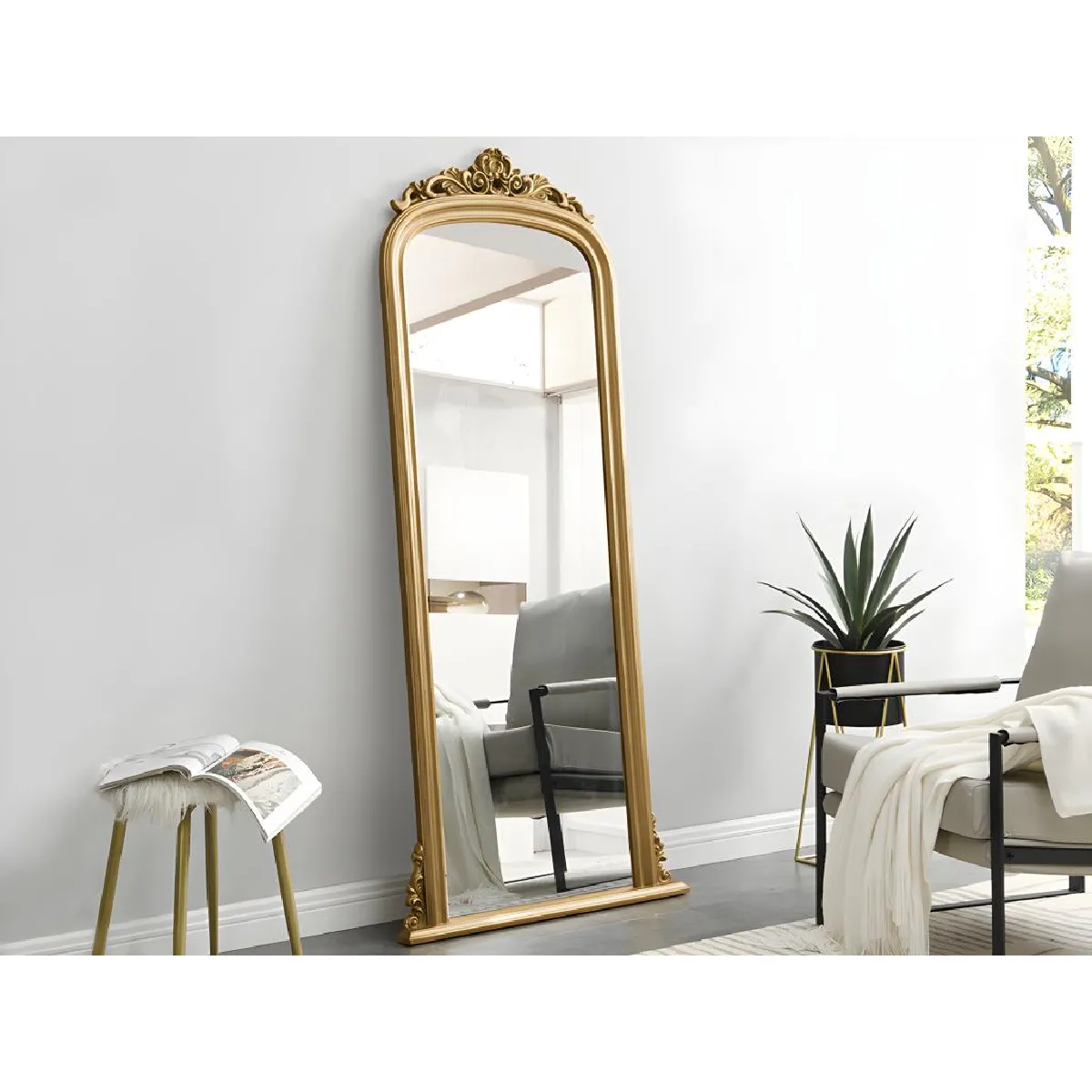 Grand miroir vintage en bois de paulownia - H.180 cm - Doré - MERRY