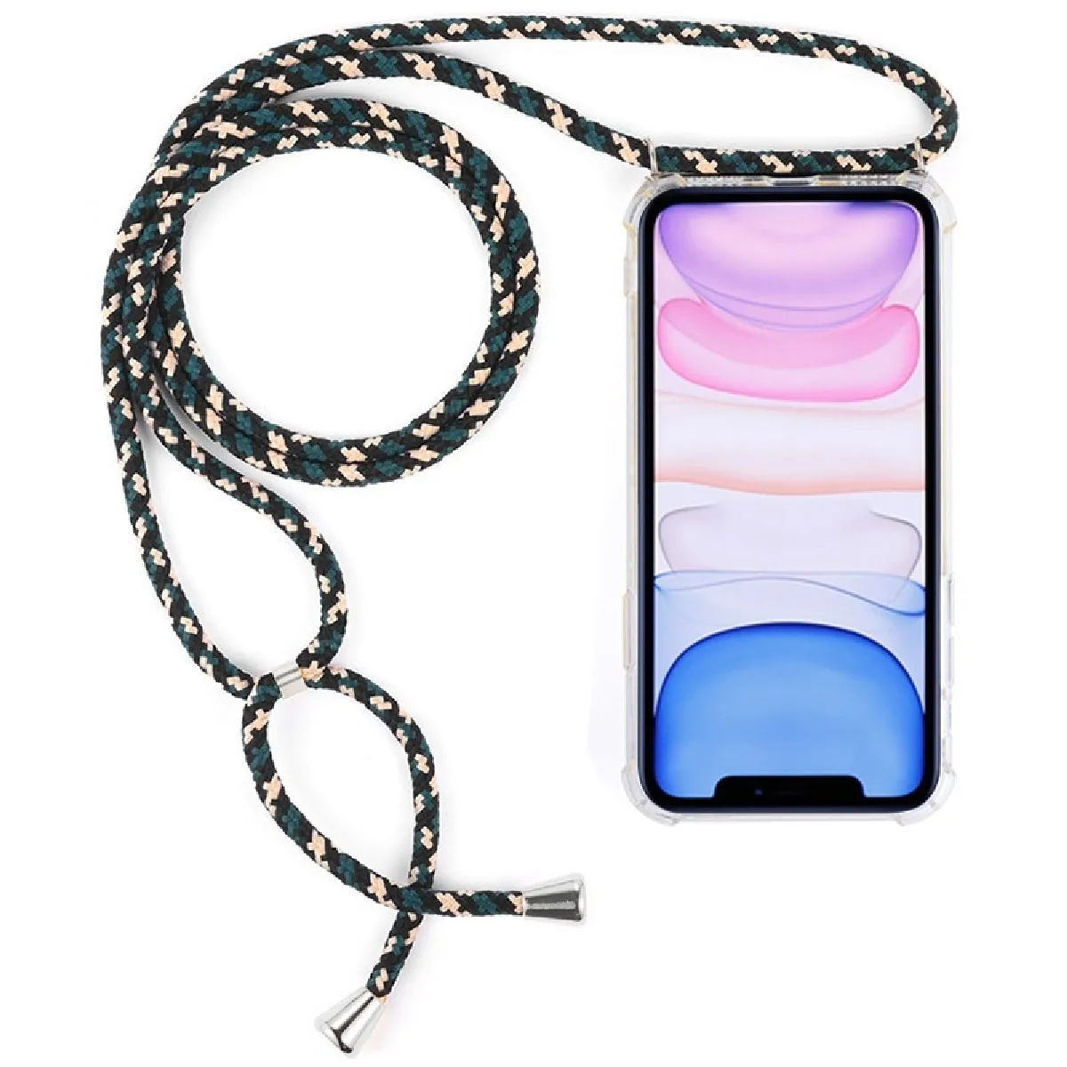 Coque Souple pour téléphone portable TPU transparente à quatre coins et anti-chute avec cordon iPhone 11 Vert Beige Noir